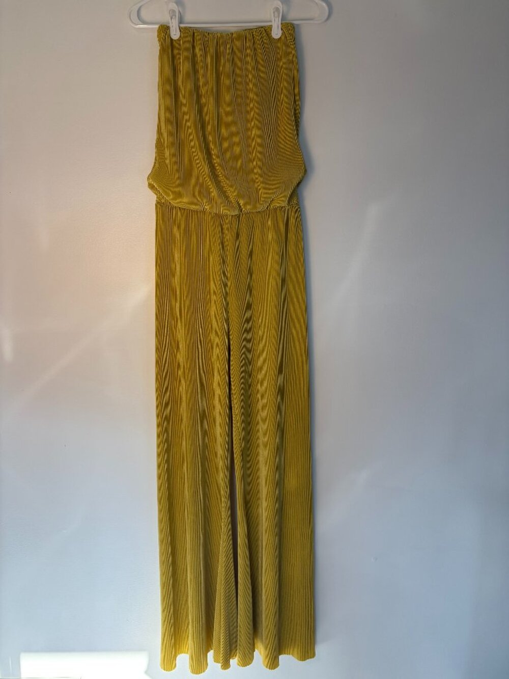 Rese Mustard Yellow Strapless Plissé Wide-Leg Ribbed Jumpsuit